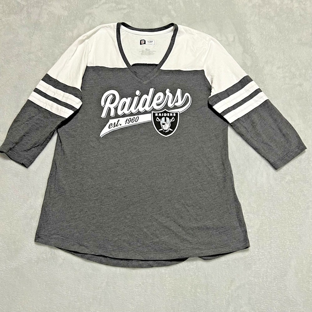 NFL Team Apparel Women's Large Las Vegas‎ Raiders Gray White 3/4 Sleeve V-Neck
